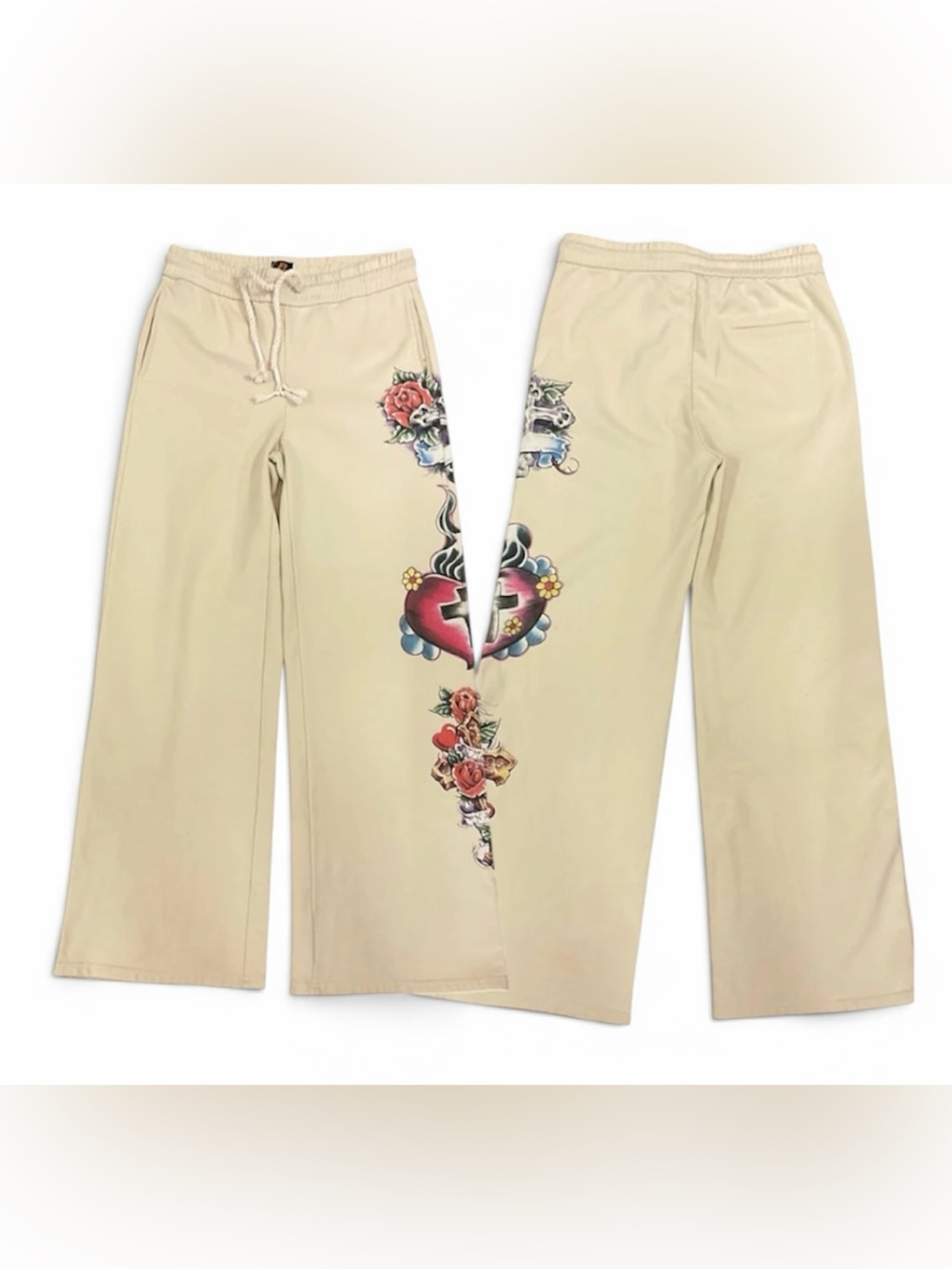 Beige Wide-Leg Graphic Drawstring Sweat Pants